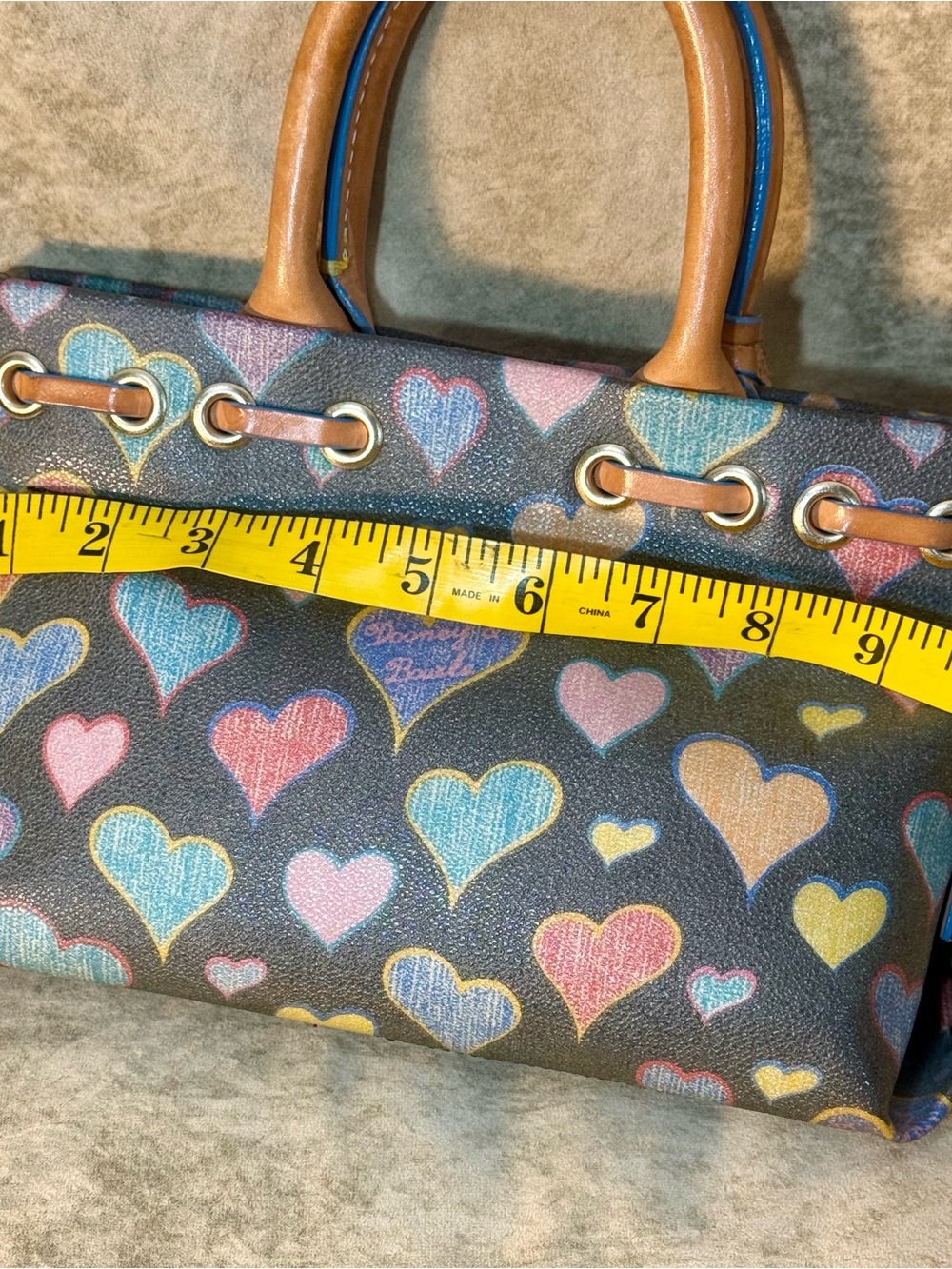 Dooney & Bourke Multicolor Heart Print Small/Mini Satchel with Leather Trim - Picture 10 of 11